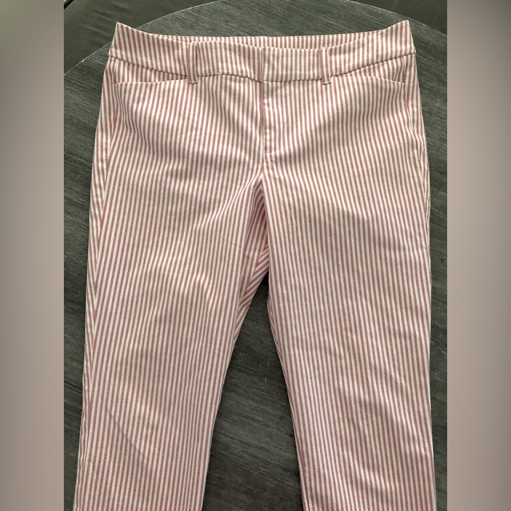 Red and white pinstripe pixie pants